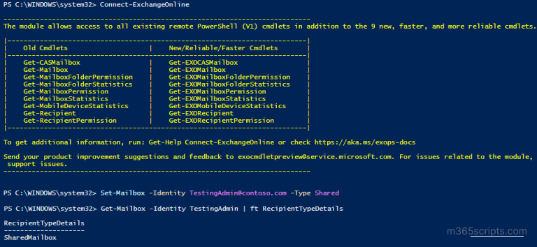 Powershell Set Mailbox Examples Microsoft 365: Convert User Mailbox to Shared Mailbox using PowerShell