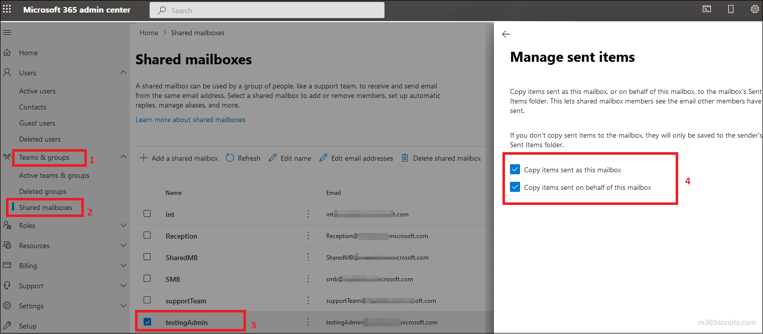 Save sent items in Shared mailbox Office 365 PowerShell