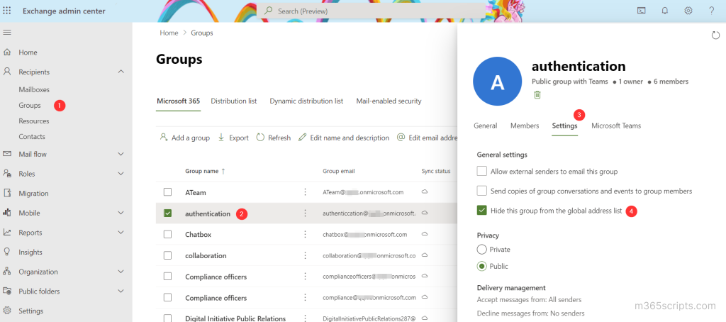 hide mail enabled security group from gal office 365