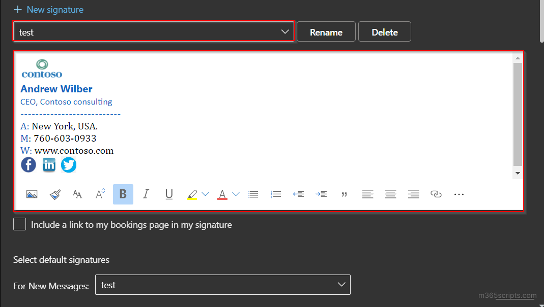 Outlook Web App compose window showing a signature with a hyperlinked company website and email address.