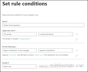 set rule conditions in company-wide email signature