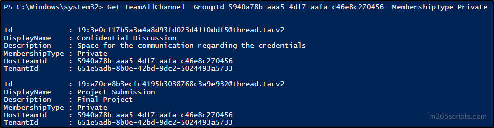List all private channels present in a Team using PowerShell