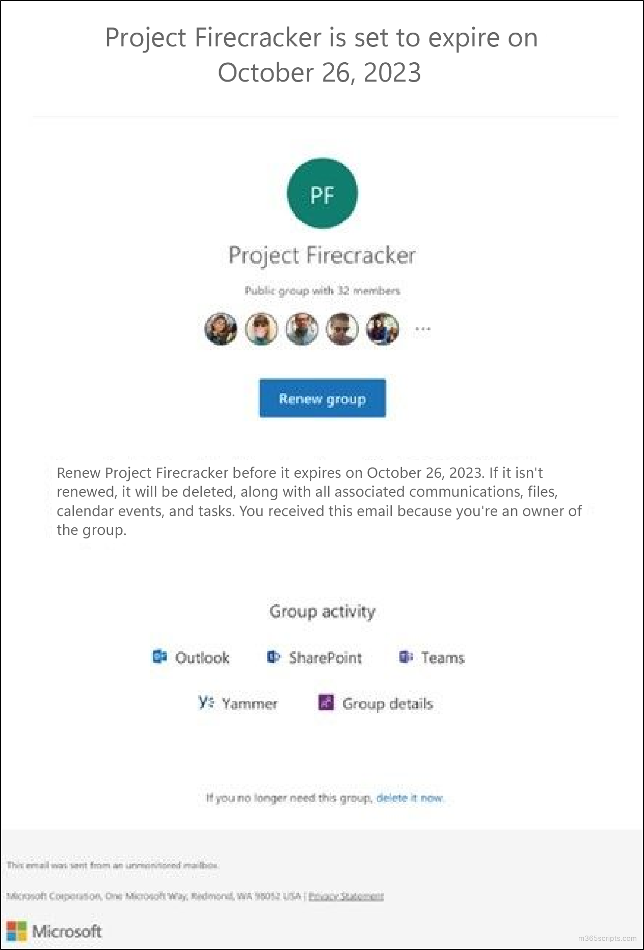Microsoft 365 group renewal mail notification