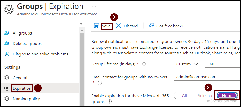 Remove expiration policy for Microsoft groups