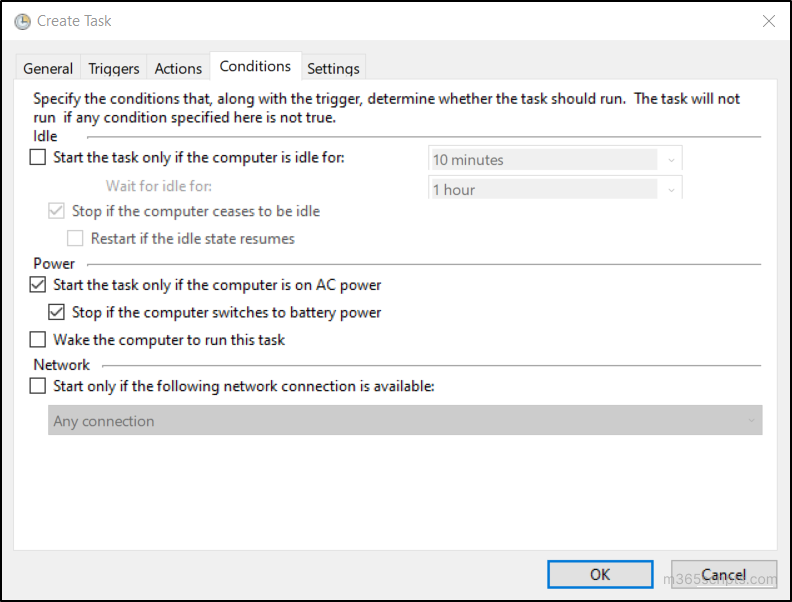 Schedule PowerShell Scripts with Task Scheduler - Conditions Tab