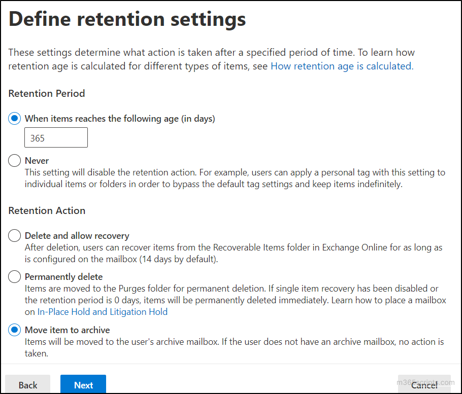 Define retention settings - Archive and deletion policy