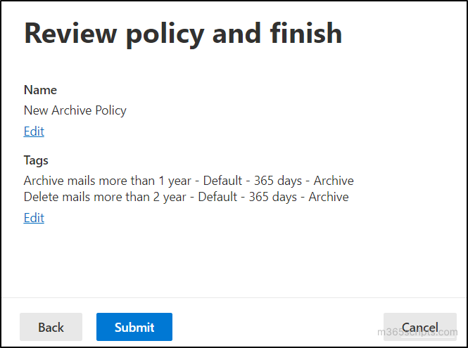 Review and save policy - Archive mailboxes
