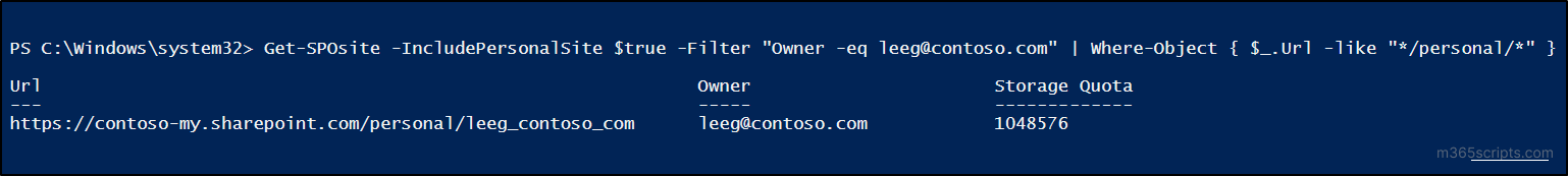 Get OneDrive site URL of a user using PowerShell
