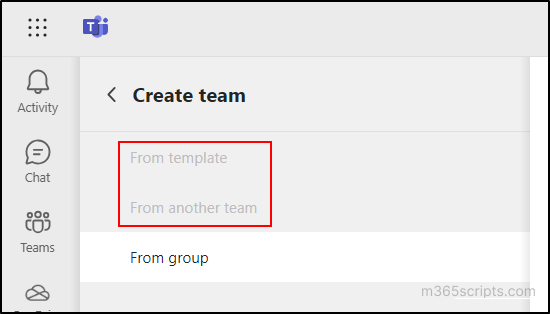 Unable to create teams in MS Teams