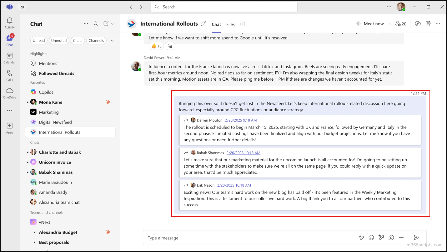 Forwarded messages appear as one bundled message