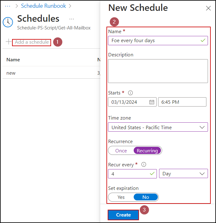 Schedule PowerShell scripts with Azure Automation - New Schedule