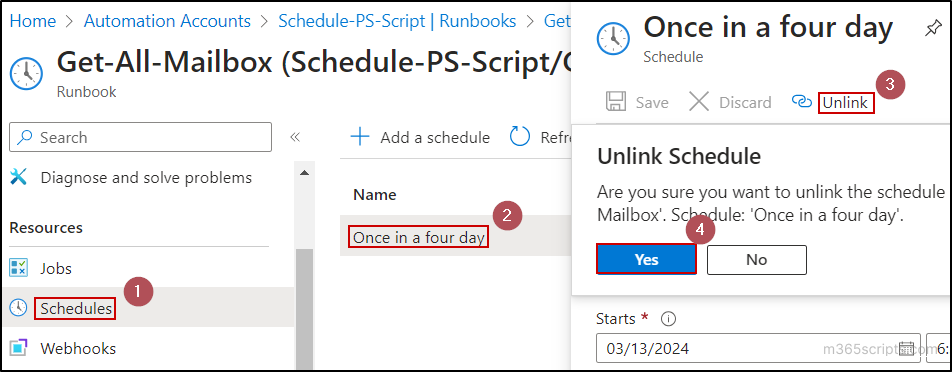 Remove schedule from a Runbook