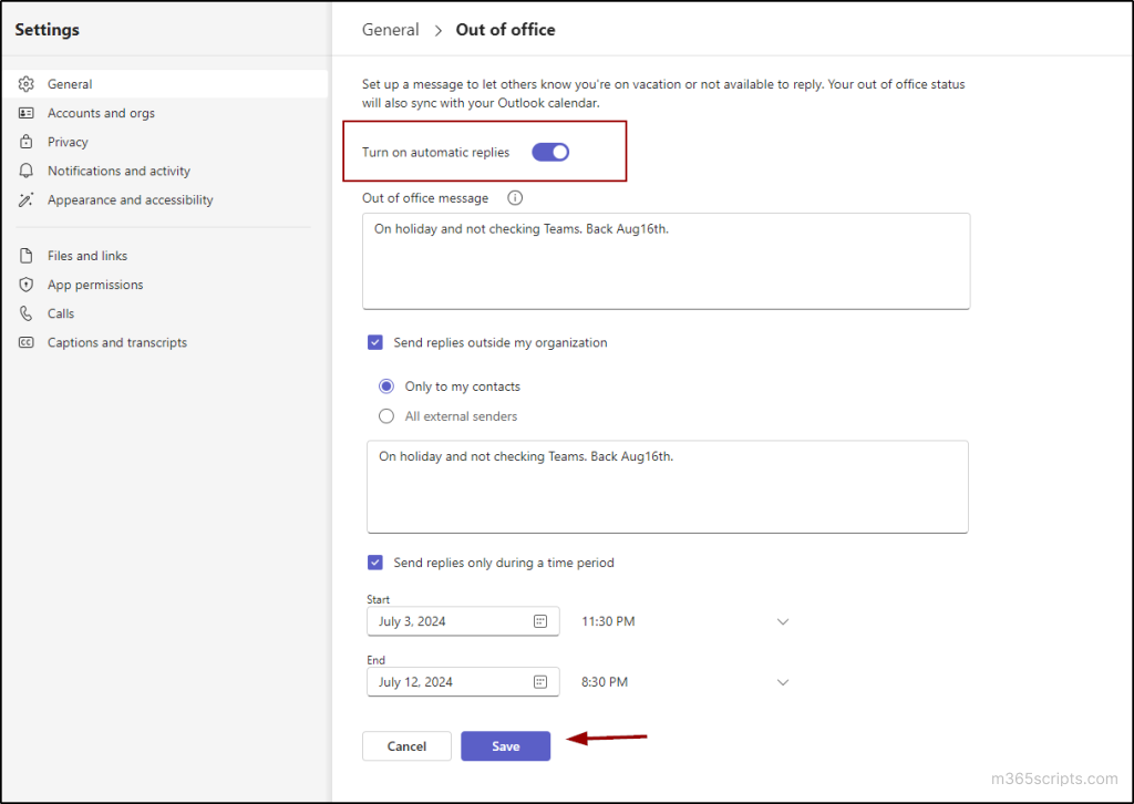 Set Up an Out of Office Status in Microsoft Teams