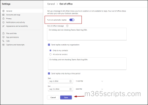 Turn on automatic replies in MS Teams