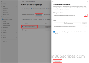 change primary SMTP address for distribution list admin center