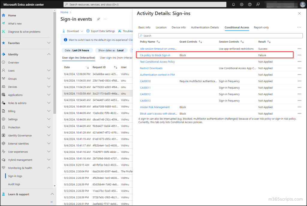 Logging Access Control Identify the Conditional Access Policy Blocking a User Sign-in