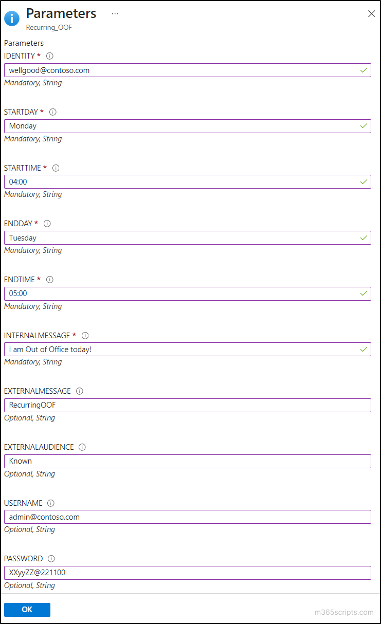 Configure parameters for schedule in Azure Automation