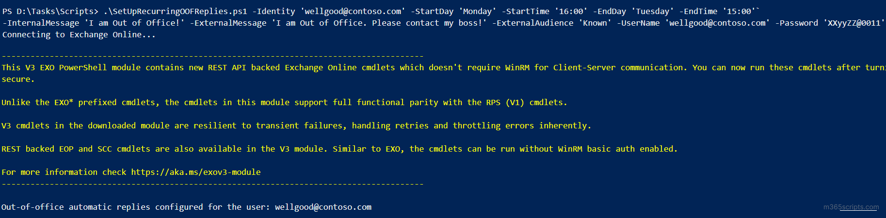Configure recurring OOF replies - PowerShell script execution