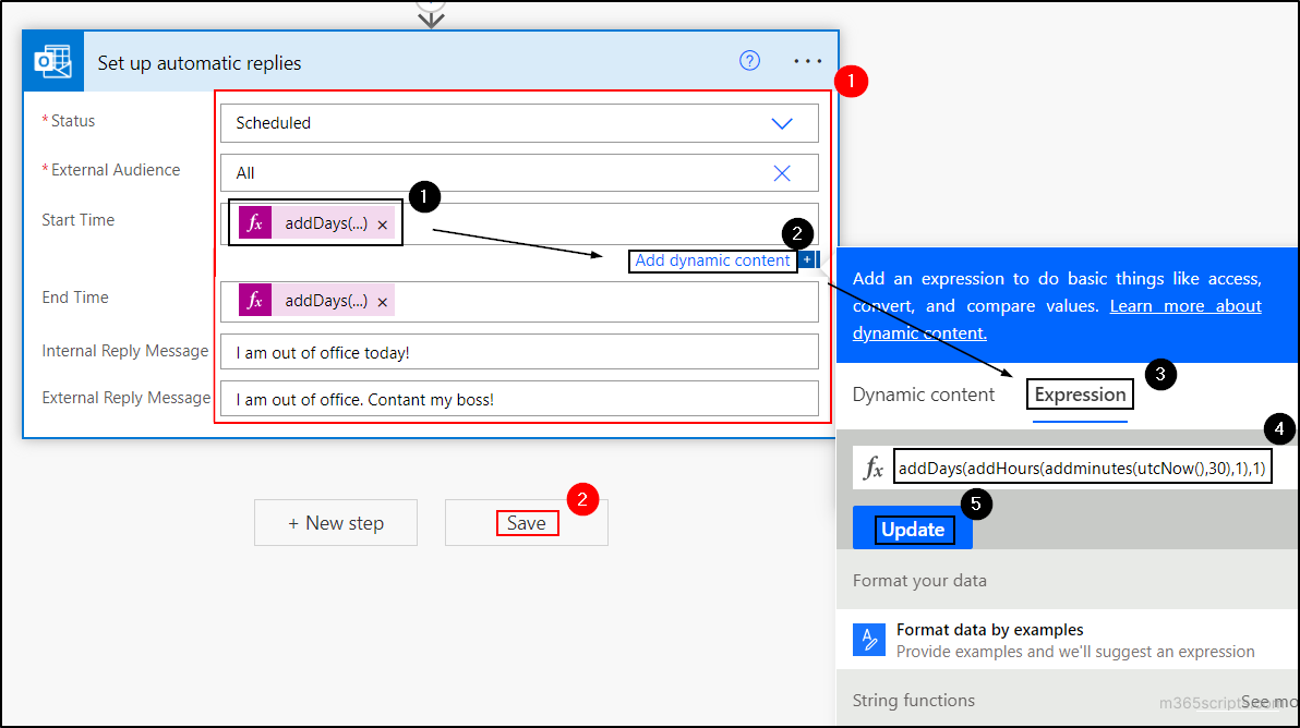 Configure start and end time for OOF replies in Power Automate