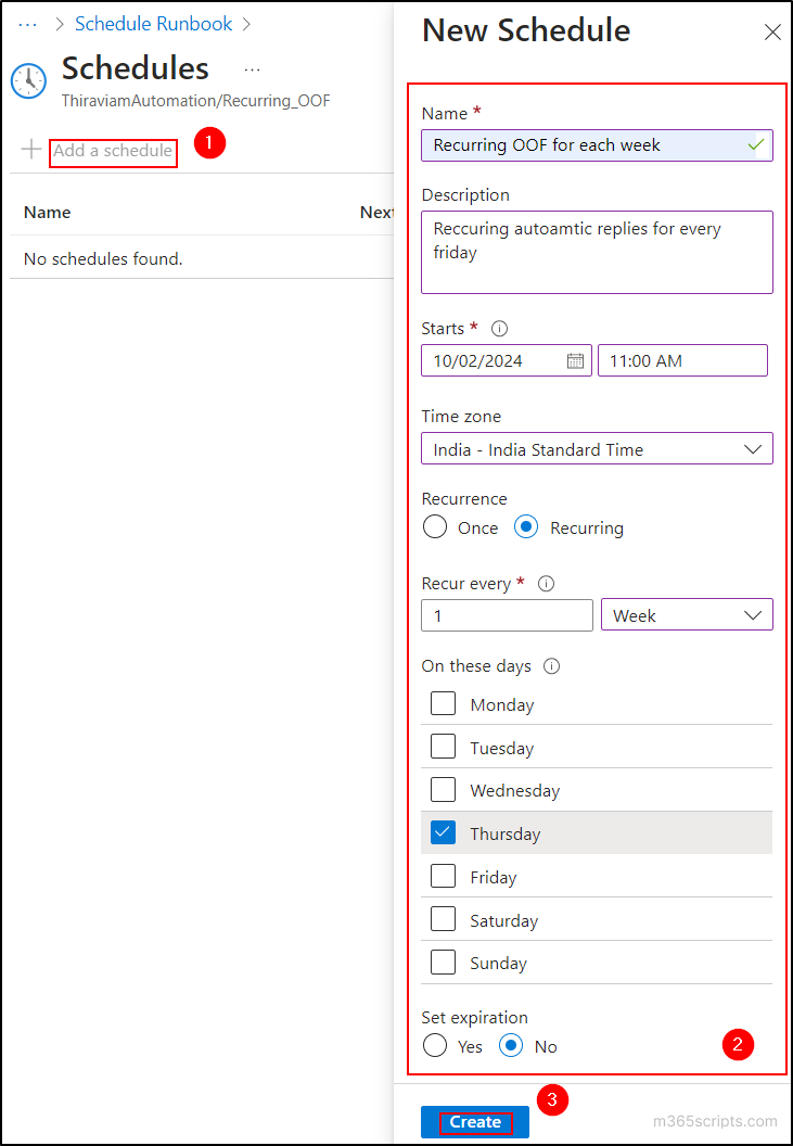 Create a new schedule in Azure Automation for OOF replies