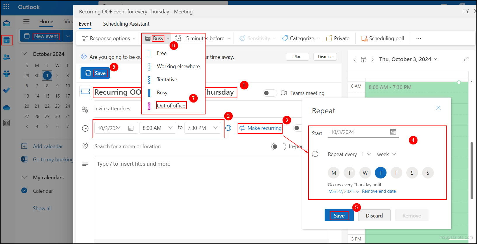 Set recurring Out of Office events in the Outlook calendar