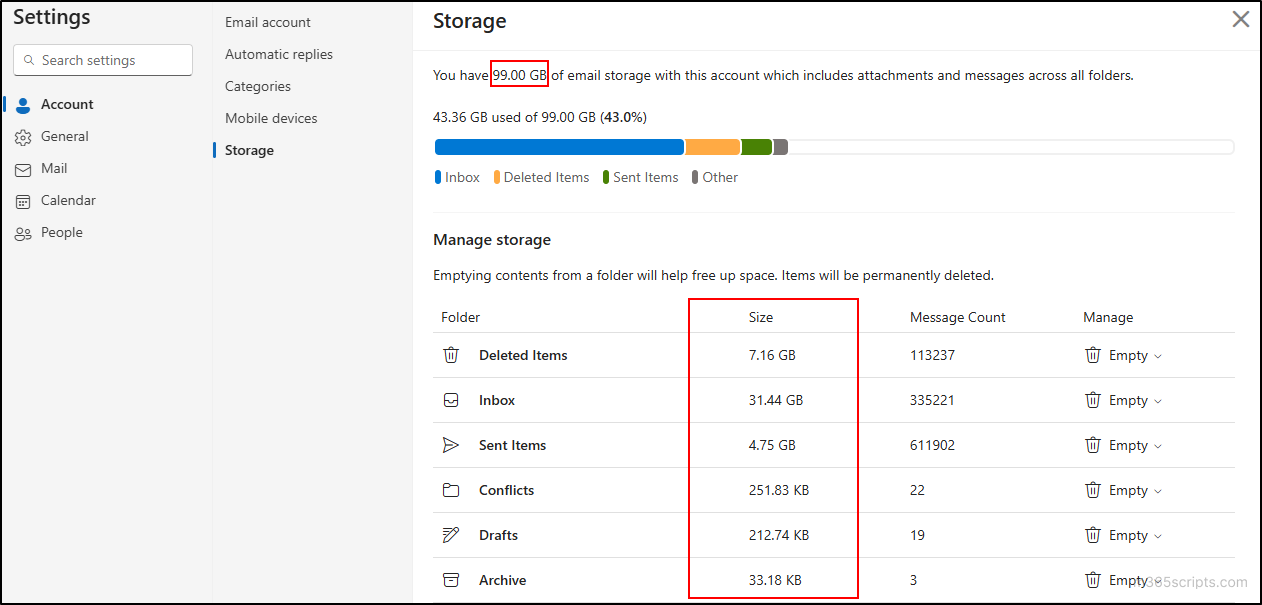 How to check mailbox size in microsoft 365