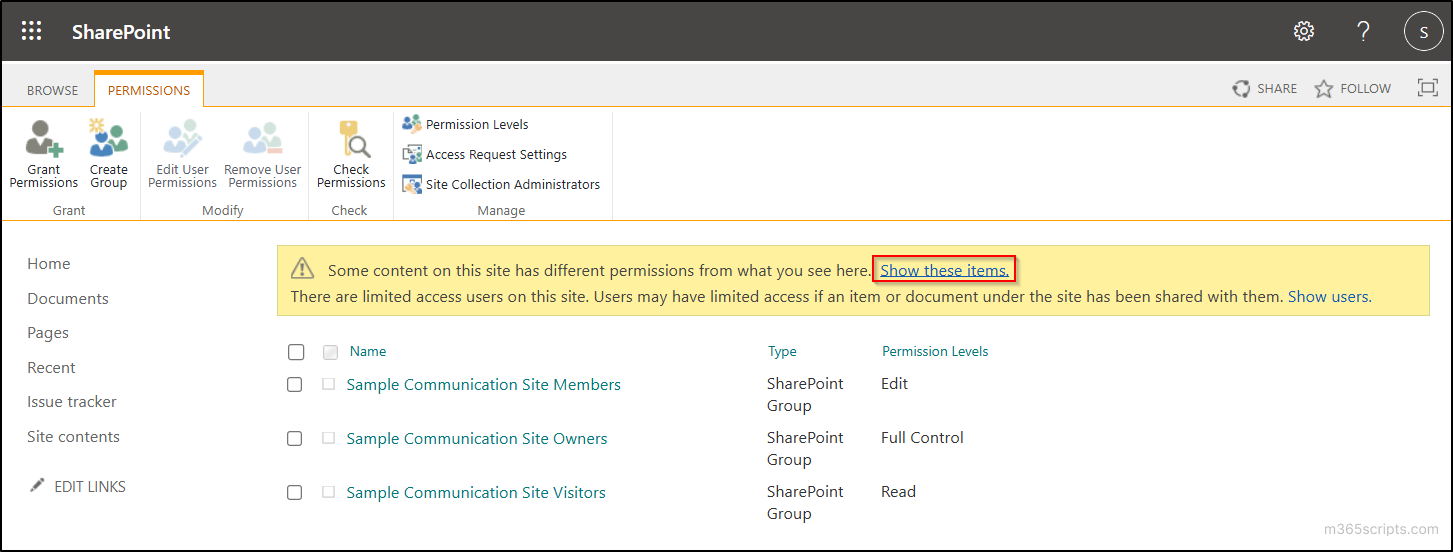 Permissions page of a file or folder in SharePoint