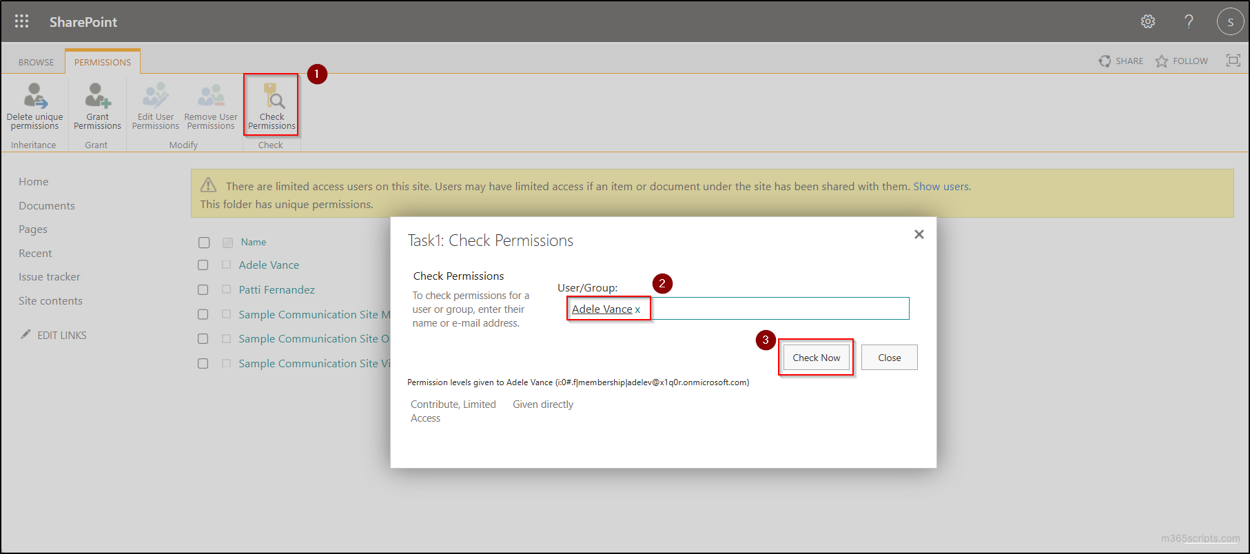 check unique permissions in SharePoint