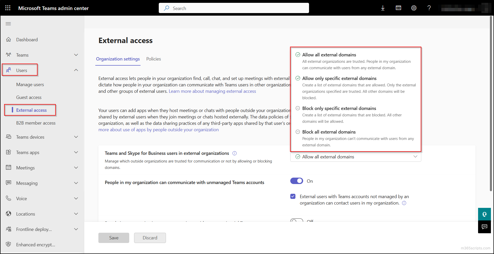 external access settings in teams admin center