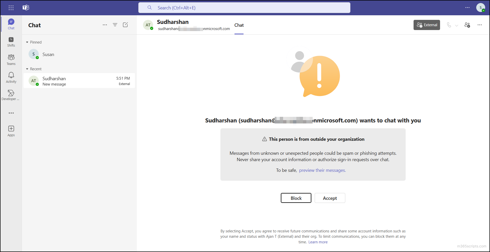 external message warning in teams chat