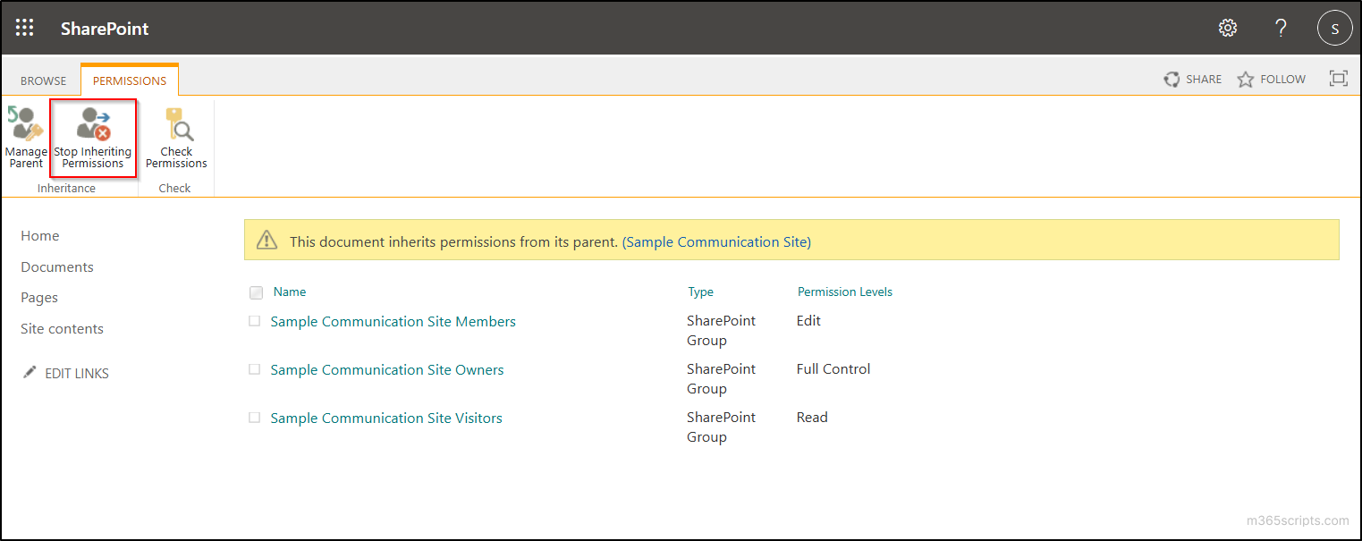 stop inheriting permission in sharepoint