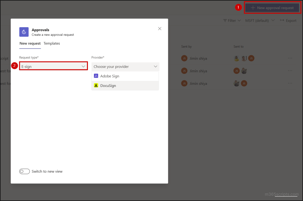 Create e-sign request in Approvals app