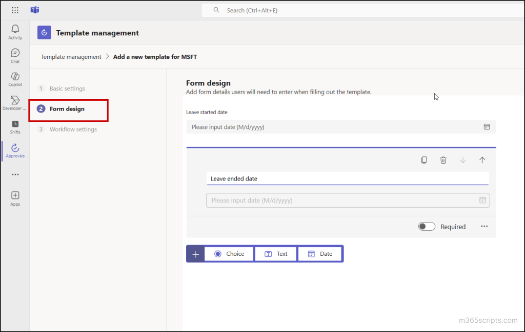 Form design in Approvals Template
