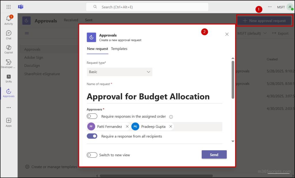 Create new approval in Microsoft Teams