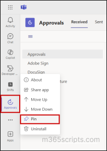 Pin Approvals app in Microsoft Teams