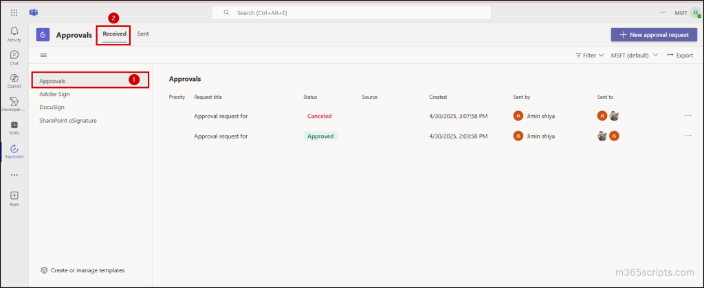 Received approvals in Microsoft Teams