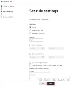 Set transport rule settings