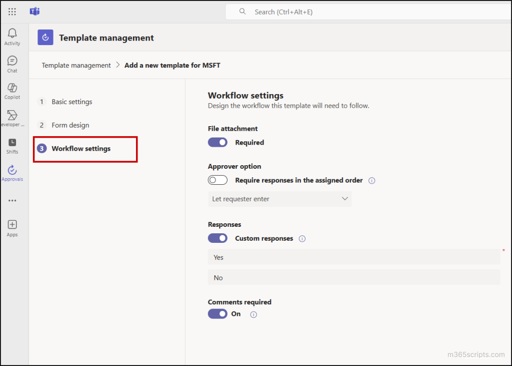 Workflow settings in Approvals Template