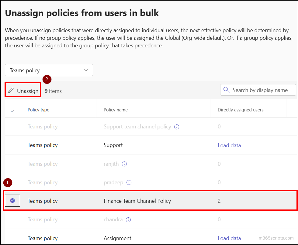 Unassign bulk users from channel policies in Microsoft Teams