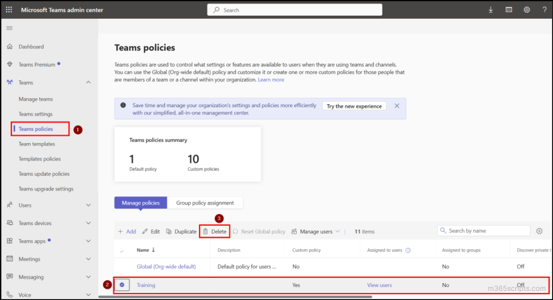 Delete channel policies in Microsoft Teams
