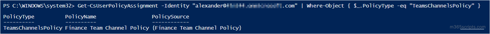View Teams channel policy assignments for a user
