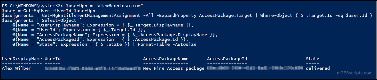 access packages assigned to a user