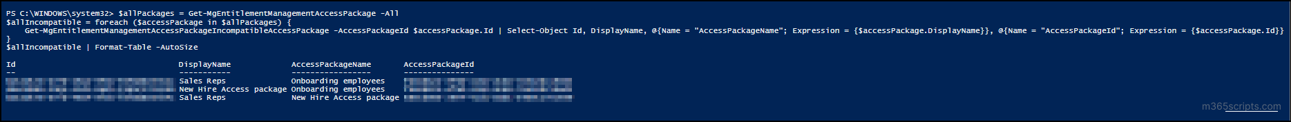 all incompatible access packages of all access package reports