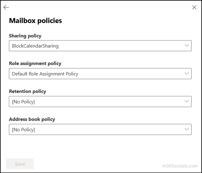 assign a specific mailbox to a sharing policy