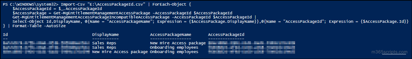 incompatible access packages of specific access packages using csv