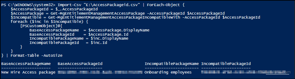 incompatible with access packages of specific access packages using csv