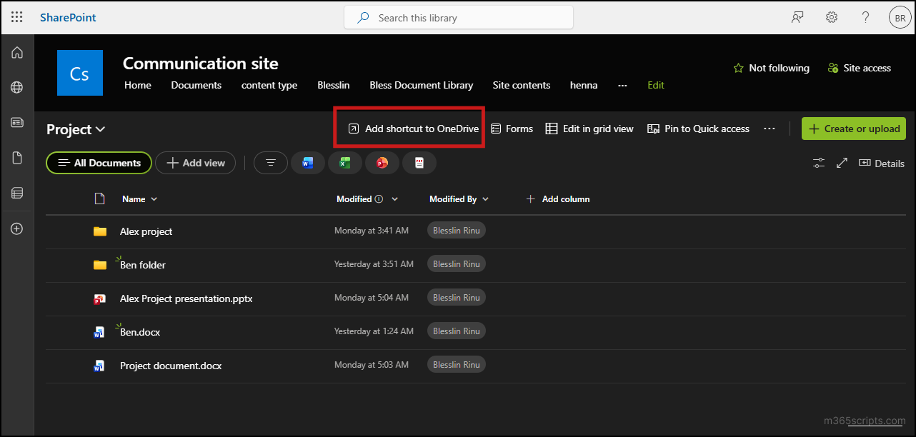 add shortcut to onedrive in sharepoint