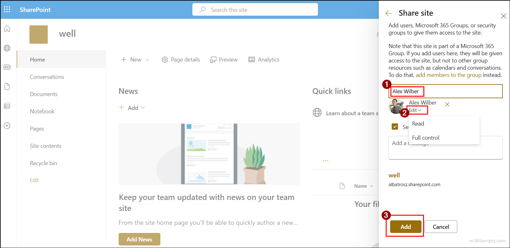 Add user or group in a default group in Teams site