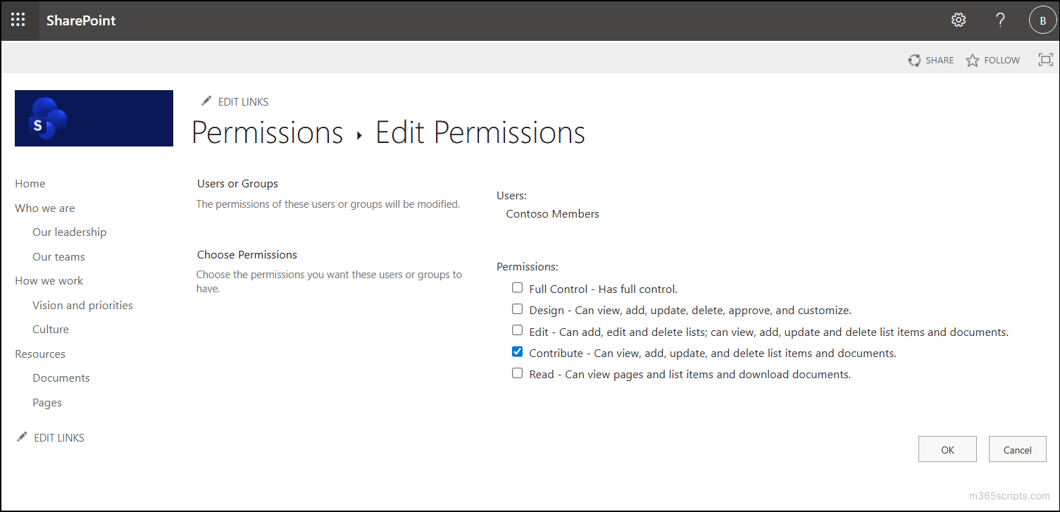 Change default permissions for a SharePoint group