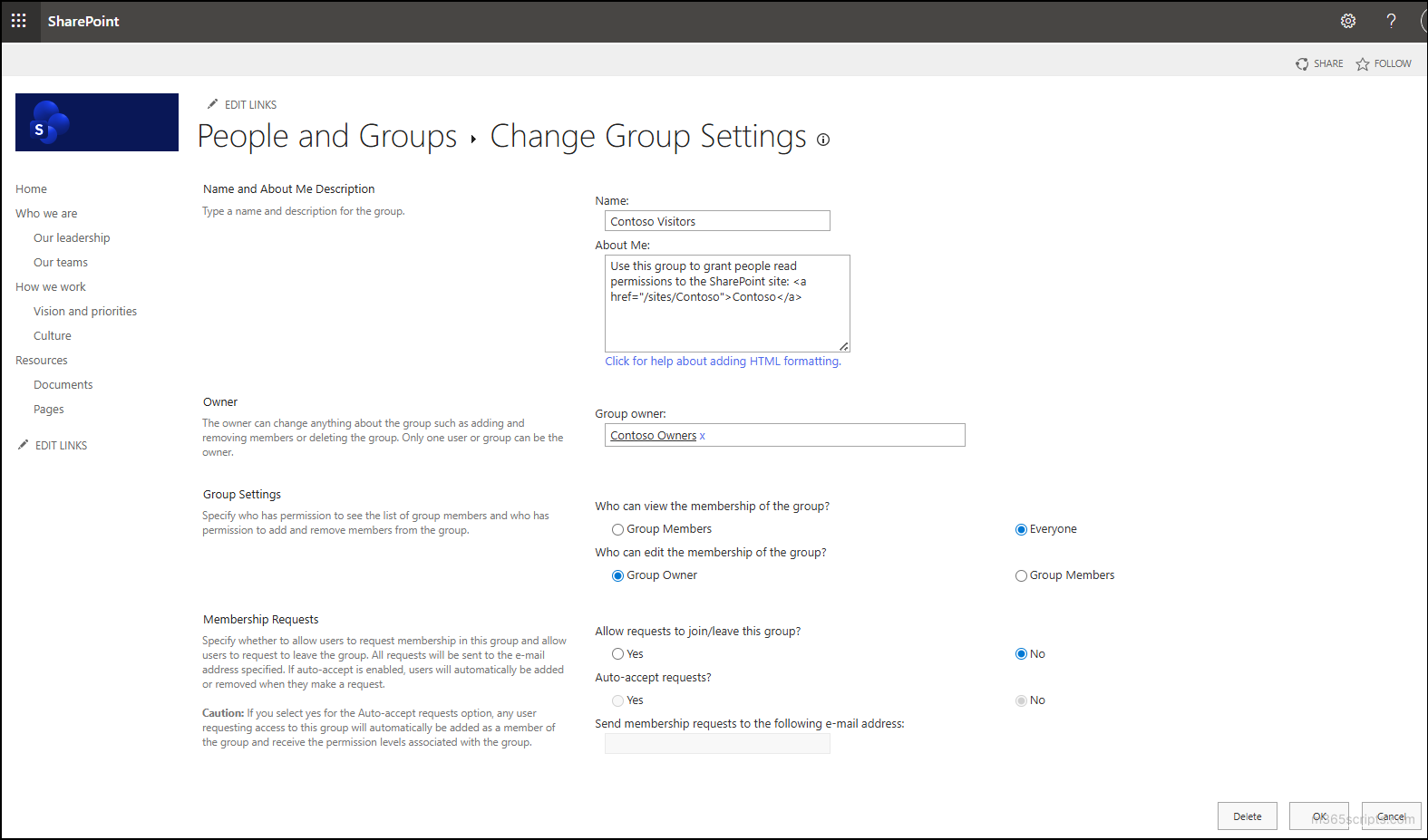 Edit settings for a SharePoint default group